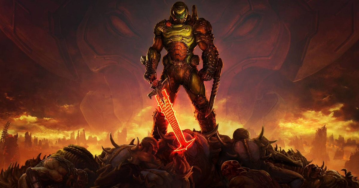 lo slayer è in piedi su una pila di cadaveri in doom eternal - nerdface