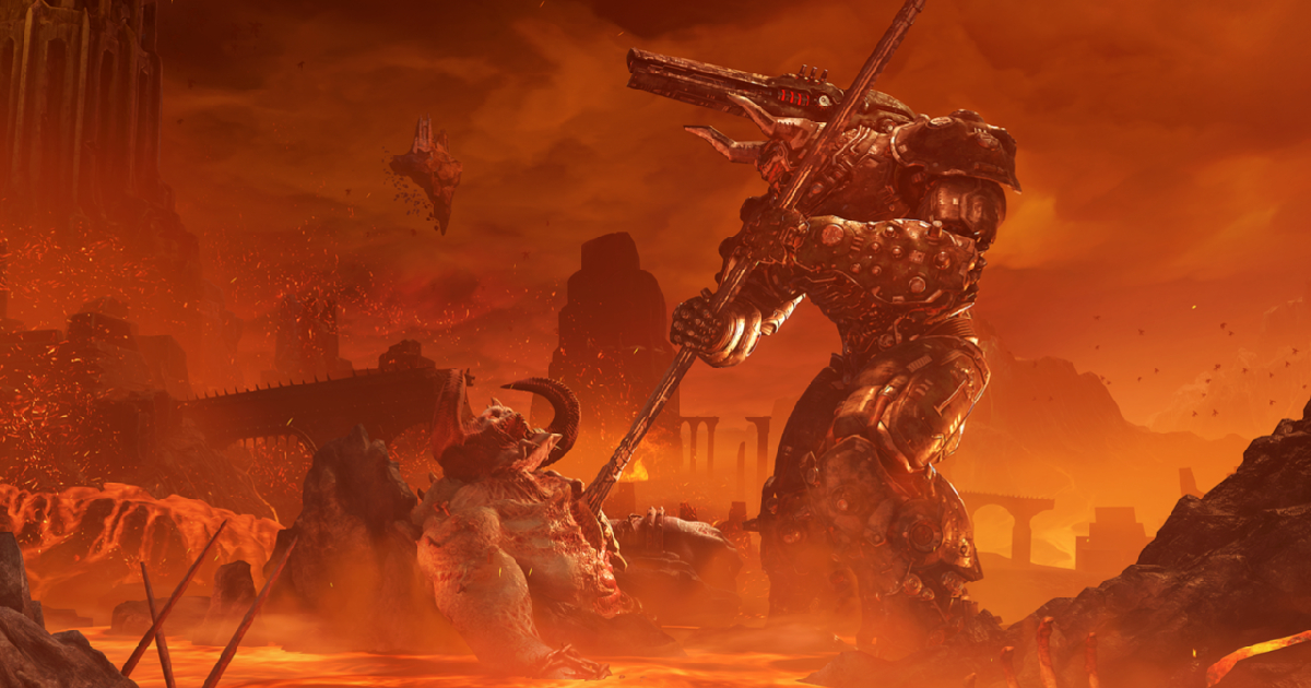 lo slayer trafigge il corpo di un demone in doom eternal - nerdface