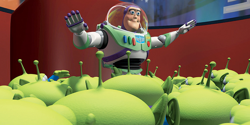 in toy story buzz lightyear parla ad alcuni alieni verdi - nerdface