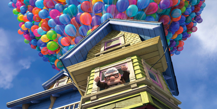 il vecchio carl di up si affaccia dalla sua casa volante sollevata da centinaia di palloncini - nerdface 