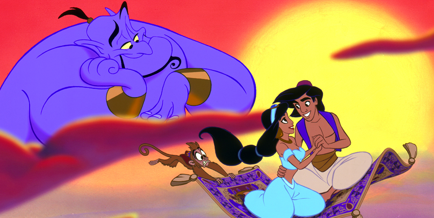 aladdin e jasmine sul tappeto volante, mentre il genio li vede estasiato nel film animato del 1992 - nerdface