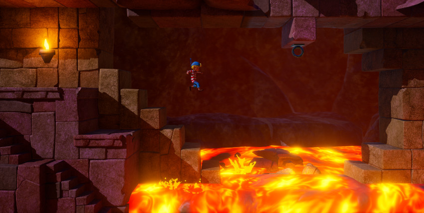 Il personaggio principale di Captain Sabertooth and the Magic Diamond scende dei gradini verso un mare di lava - nerdface