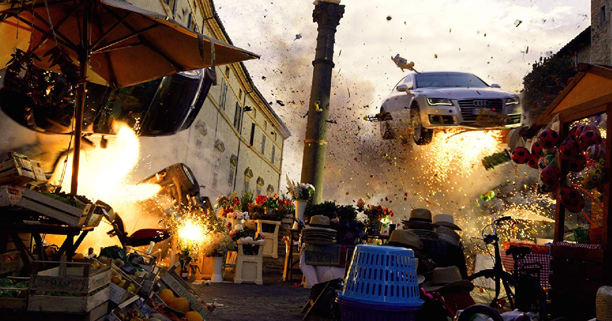 un'esplosione con auto al decollo opera di michael bay sul set di 6 underground - nerdface